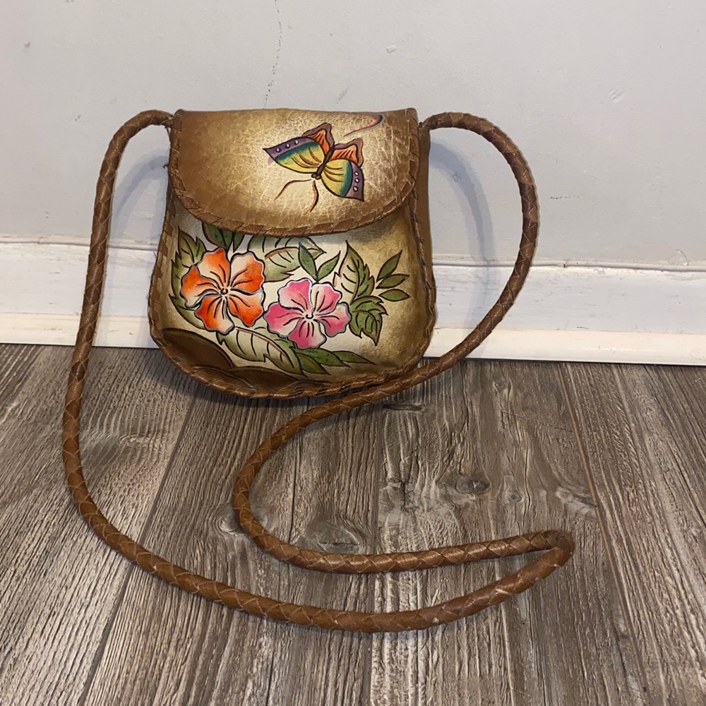 Gorgeous Handpainted Boho butterfly flowers Leather crossbody  Bag